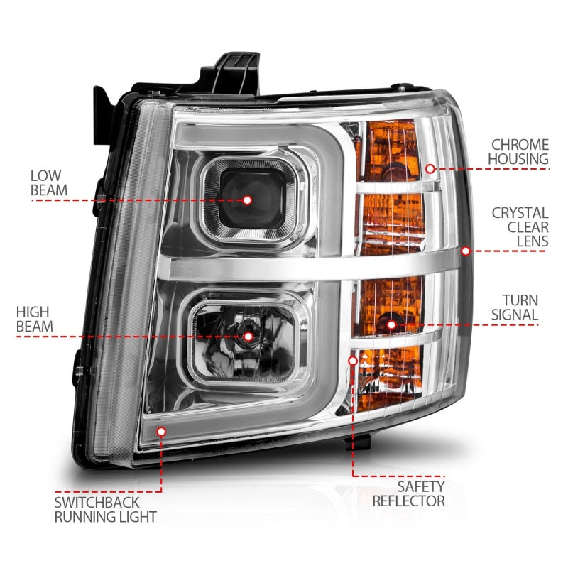 ANZO 2007-2013 Chevrolet Silverado 1500 Projecteur avec barre lumineuse Boîtier chromé avec séquentiel