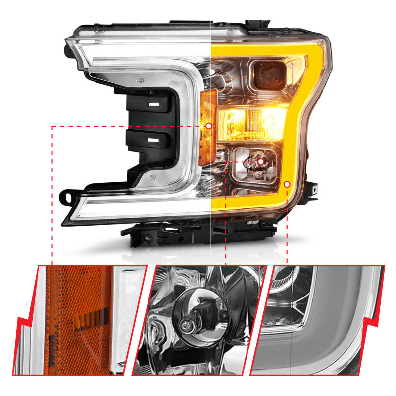 Phare de projecteur ANZO 2018-2020 Ford F-150 avec boîtier chromé de style planche