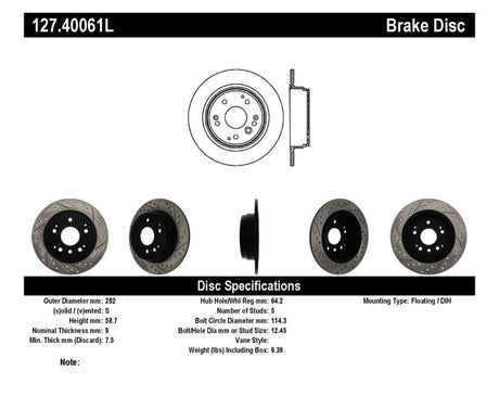 Rotor arrière gauche fendu et percé StopTech 04-08 Acura TL / 03-09 Honda Element