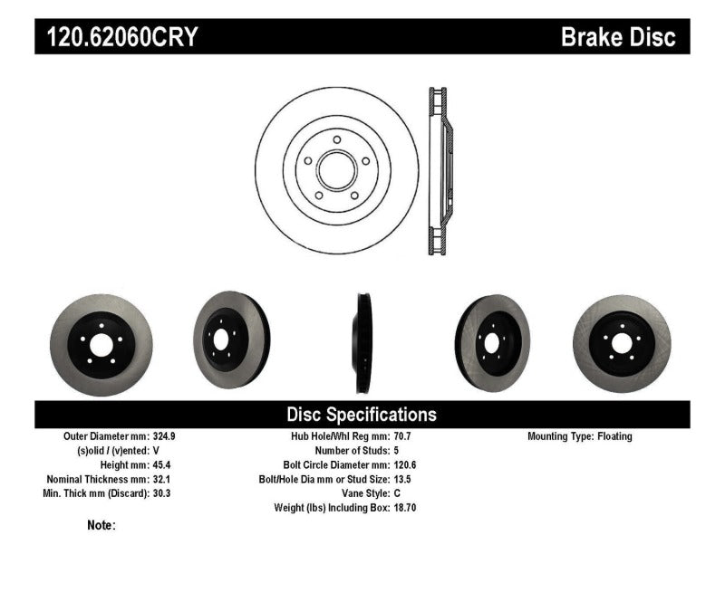 Rotor CRYO-STOP avant droit Stoptech pour Chevrolet Corvette 97-04