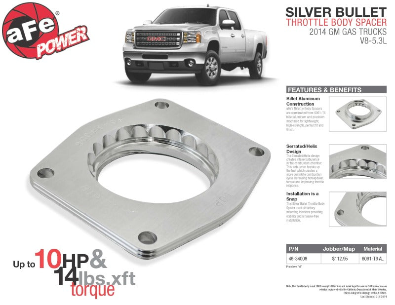 Entretoises de corps de papillon aFe Silver Bullet TBS 2014 GM Silverado/Sierra 1500 V8 5,3 L