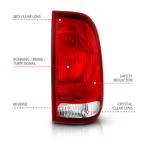 Feu arrière ANZO 1997-2003 Ford F-150, lentille rouge/transparente (remplacement d'origine)