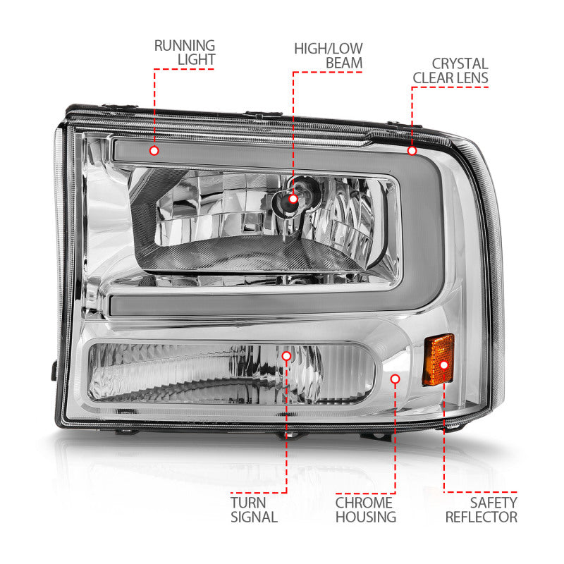 Phares en cristal ANZO 99-04 Ford F250/F350/F450/Excursion (excl. 99) - avec boîtier chromé pour barre lumineuse