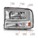 Phares en cristal ANZO 99-04 Ford F250/F350/F450/Excursion (excl. 99) - avec boîtier chromé pour barre lumineuse