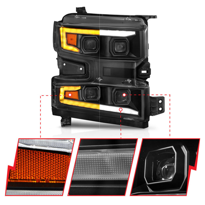 ANZO 19-22 Chevrolet Silverado 1500 LED Proj HL avec barre lumineuse SwBk Seq. Blk avec éclairage d'appoint - Côté passager