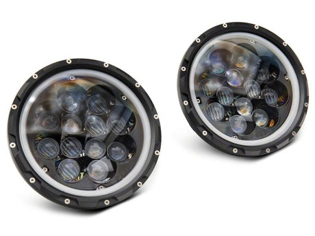 Phares à LED Raxiom 07-18 Jeep Wrangler JK Axial Spider avec halo Angel Eye - Boîtier noir (lentille transparente)