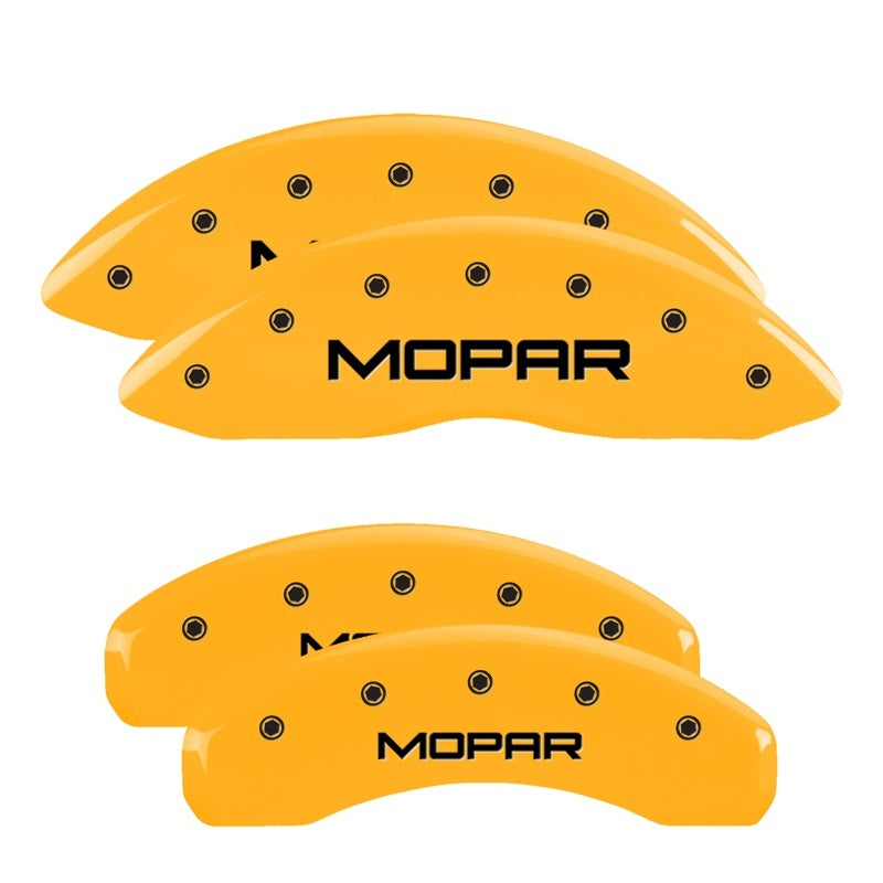 MGP 4 Caliper Covers Engraved Front & Rear 11-18 Dodge Durango Yellow Finish Black Mopar Logo