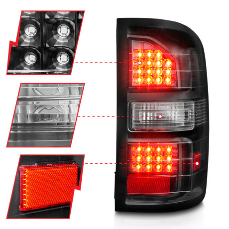 Feux arrière à LED ANZO 2014-2018 GMC Sierra Boîtier noir Lentille transparente