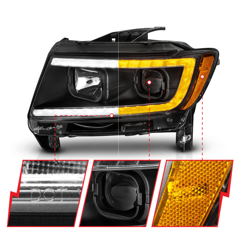 ANZO 11-13 Jeep Grand Cherokee (halogène d'usine uniquement) Phares de projecteur avec barre lumineuse Swtchbk Noir