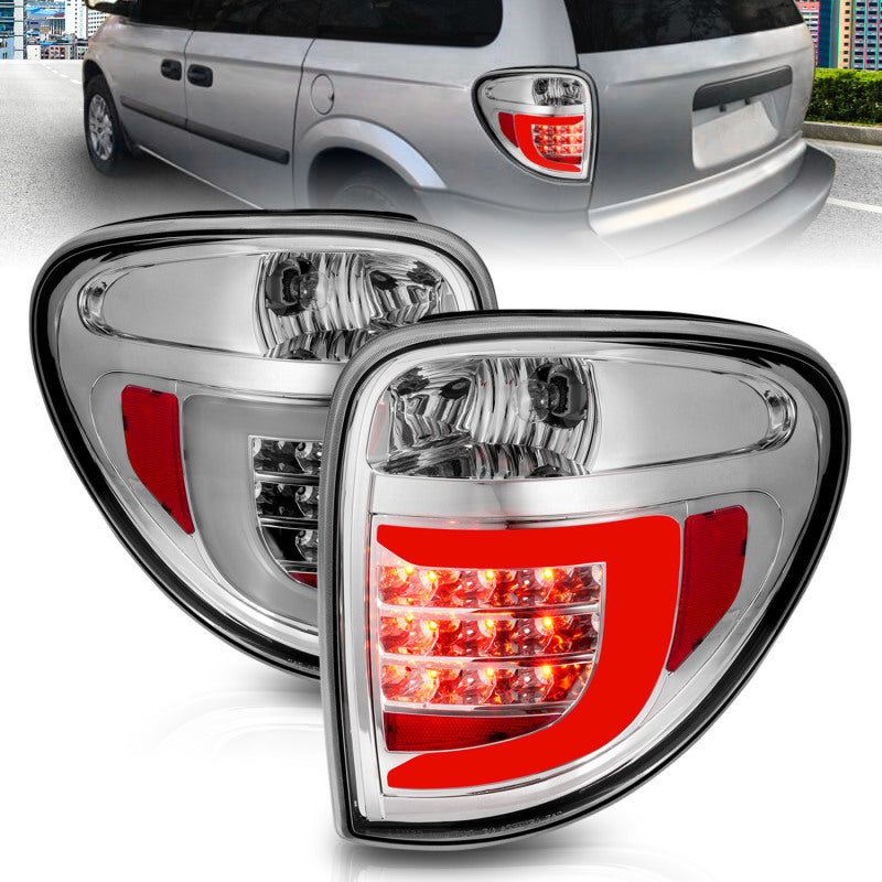 Feux arrière à LED ANZO 2004-2007 Dodge Grand Caravan avec barre lumineuse, boîtier chromé, lentille transparente
