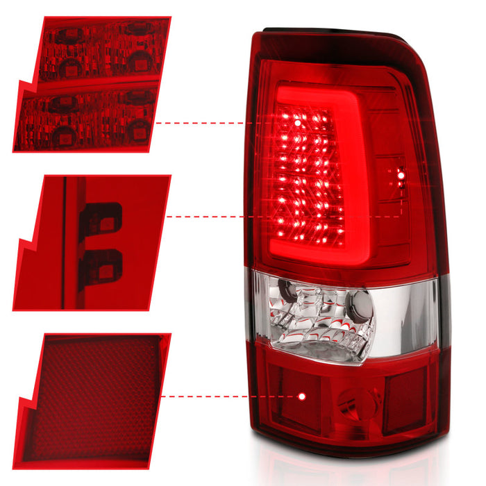 Feux arrière à LED ANZO 2003-2006 Chevy Silverado 1500 style planche chromé avec lentille rouge/transparente