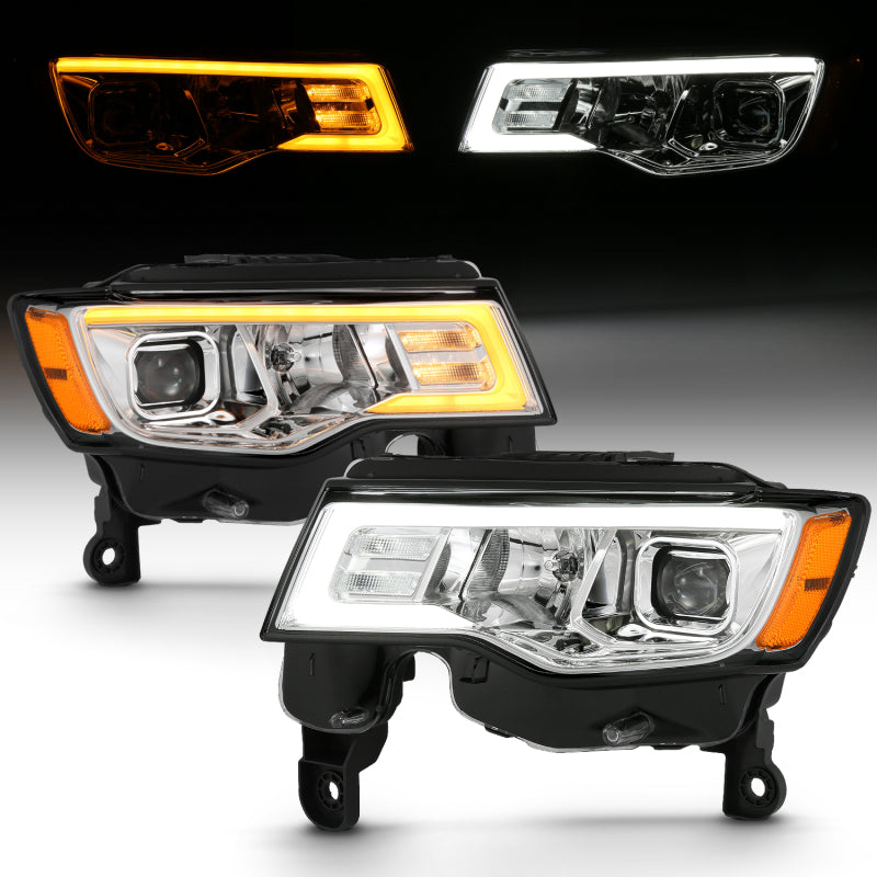 ANZO 2017-2018 Jeep Grand Cherokee Projector Headlights w/ Plank Style Switchback - Chrome w/ Amber