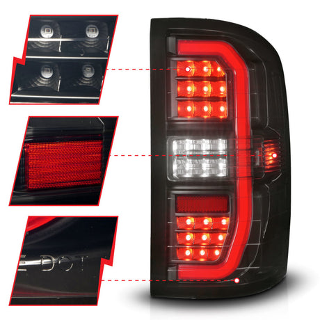 Feux arrière à LED ANZO 14-18 GMC Sierra 1500 avec boîtier noir et lentille fumée (avec barres lumineuses C)