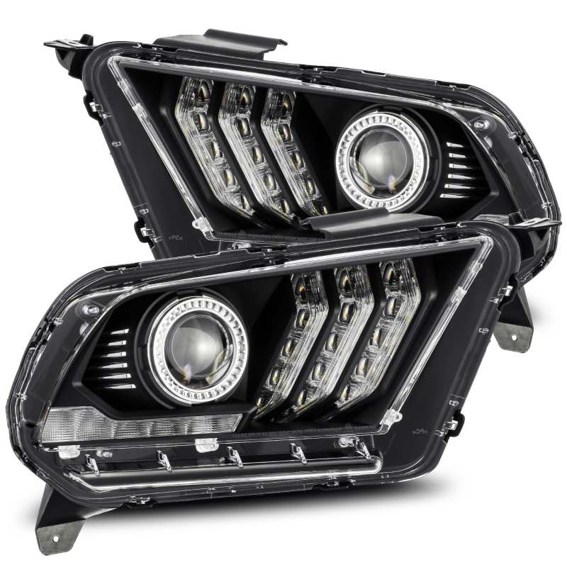 Phares de projecteur AlphaRex 10-12 Ford Mustang PRO-Series de style planche, noir de jais avec feux de jour supérieurs/inférieurs