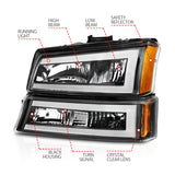 Phares en cristal ANZO 2003-2006 Chevrolet Silverado 1500 avec barre lumineuse et boîtier noir