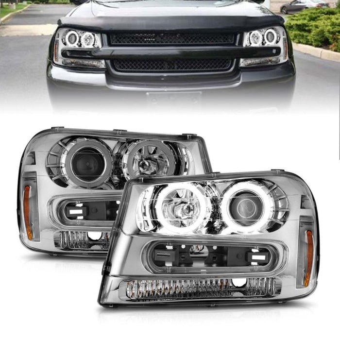 Phares de projecteur ANZO 02-09 Chevrolet Trailblazer avec boîtier chromé Halo (modèles non LT)