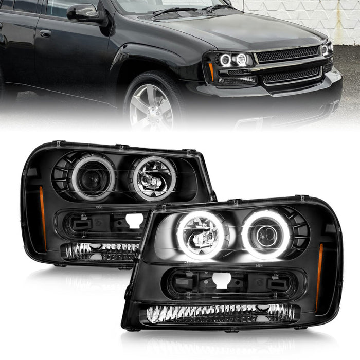 Phares de projecteur ANZO 02-09 Chevrolet Trailblazer (ne conviennent pas aux 06-09 LT) avec boîtier noir Halo