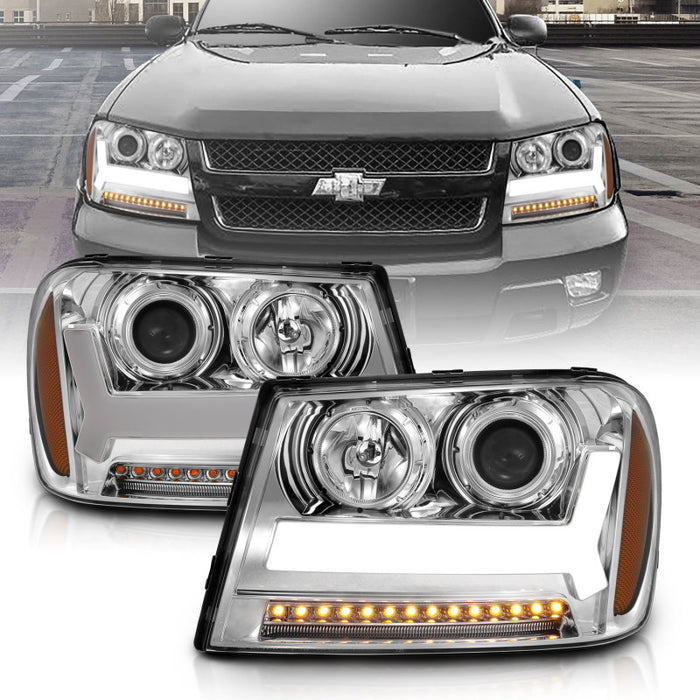 Phares de projecteur ANZO 2006-2009 Chevrolet Trailblazer avec design de style planche Chrome avec ambre