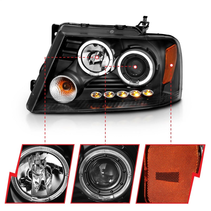 Phares de projecteur ANZO 2004-2008 Ford F-150 avec halo et LED noir G2