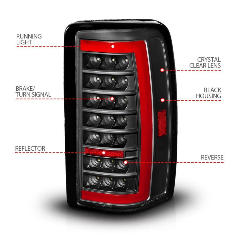 Feux arrière à LED ANZO 00-06 Chevrolet Tahoe / GMC Yukon avec barre lumineuse, boîtier noir/lentille transparente