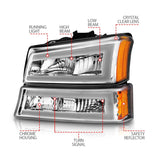 Phares en cristal ANZO 2003-2006 Chevrolet Silverado 1500 avec boîtier chromé pour barre lumineuse