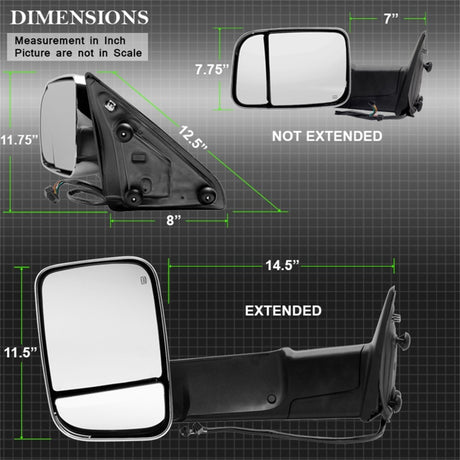 xTune Dodge Ram 1500 09-12 Extendable Power Heated Adjust Mirror Chrome Housing Left MIR-DRAM10-PW-L