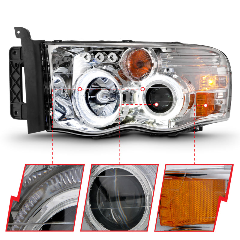 ANZO 2002-2005 Dodge Ram 1500 Phares de projecteur avec halo chromé ambre clair