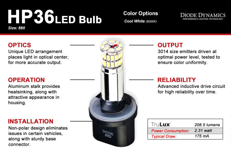 Ampoule LED Diode Dynamics 880 HP36 - Froid - Blanc (paire)