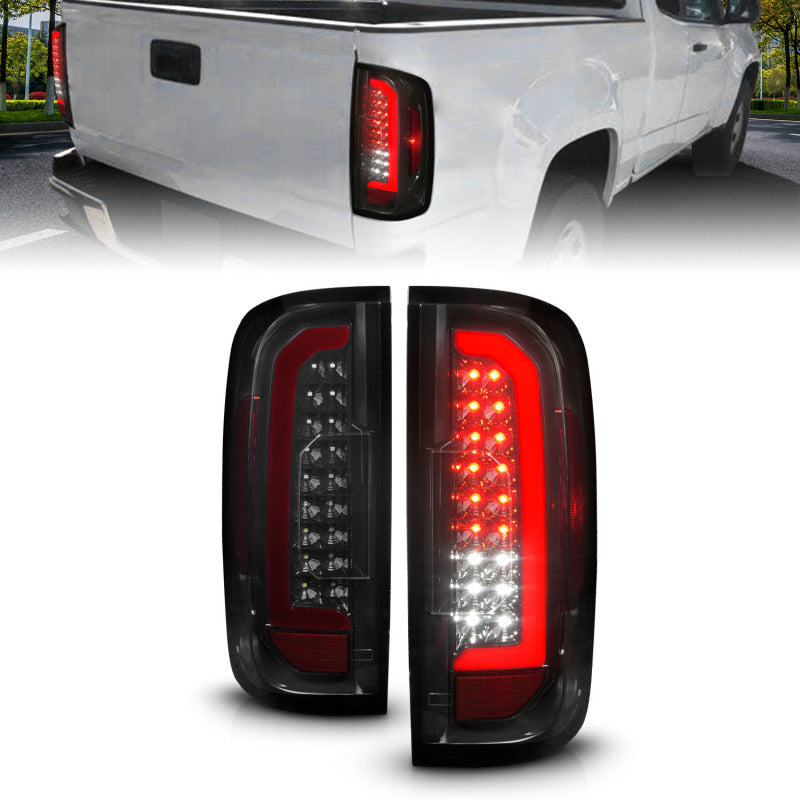 Feux arrière à LED ANZO 15-21 GMC Canyon avec barre lumineuse rouge, boîtier noir, lentille fumée