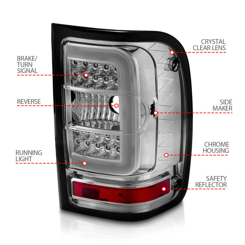 Feux arrière à LED ANZO 2001-2011 Ford Ranger avec barre lumineuse, boîtier chromé, lentille transparente