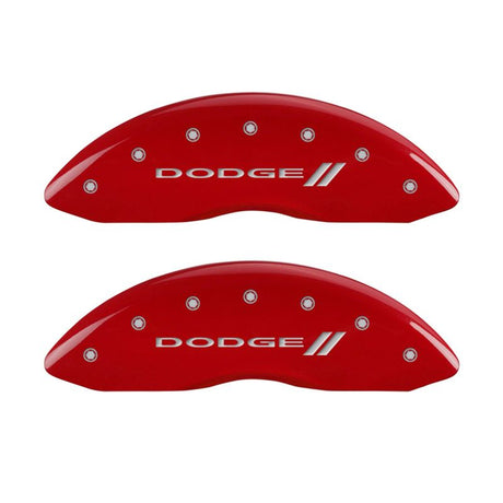 MGP 4 Caliper Covers Engraved Front & Rear With stripes/Dodge Red finish silver ch