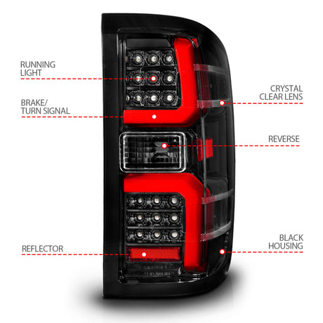 Feu arrière à LED ANZO 15-19 Chevrolet Silverado 2500 HD/3500 HD avec boîtier noir séquentiel/lentille transparente