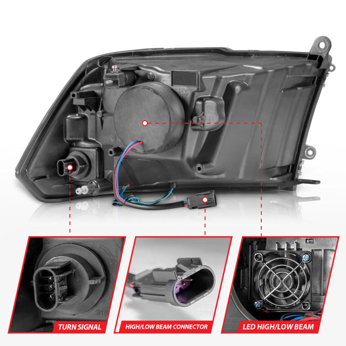 ANZO 2009-2020 Dodge Ram 1500 Phares de projecteur carrés entièrement à LED avec boîtier chromé Noir Ambre