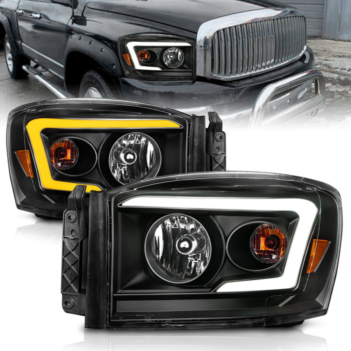 Phares Anzo 06-09 Dodge RAM 1500/2500/3500 Boîtier noir/lentille transparente (avec barres lumineuses Switchback)