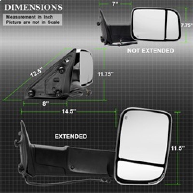 xTune Dodge Ram 1500 09-12 Extendable Heated Adjust Mirror Chrome Housing Right MIR-DRAM10-PW-R