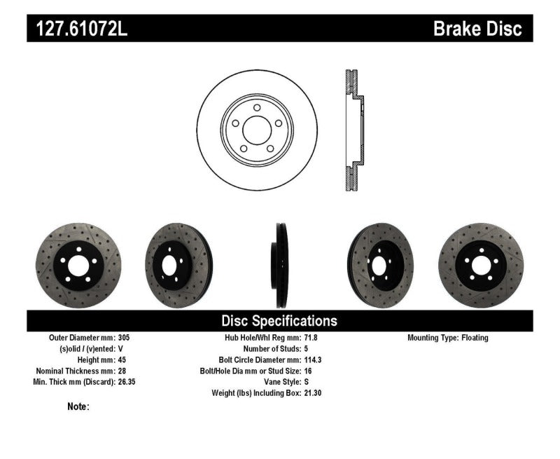 Rotor avant gauche rainuré et percé StopTech pour Lincoln Town Car 03-09 / Mercury Grand Marquis 03-09