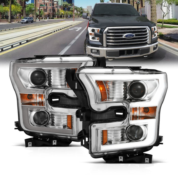 Phares de projecteur ANZO 2015-2017 Ford F-150 avec interrupteur de style planche chromé avec ambre