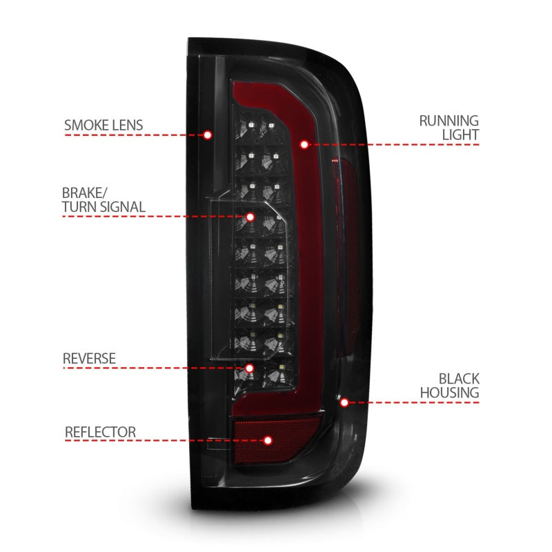 Feux arrière à LED ANZO 15-21 GMC Canyon avec barre lumineuse rouge, boîtier noir, lentille fumée
