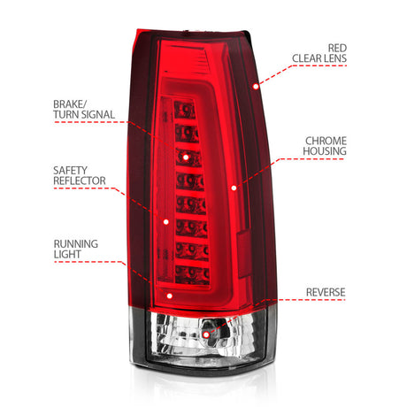 Feux arrière à LED ANZO 1999-2000 Cadillac Escalade, boîtier chromé, paire de lentilles rouges/transparentes