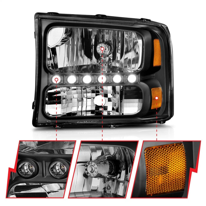 Phares avant en cristal ANZO 2000-2004 Ford Excursion noir avec LED 1 pièce