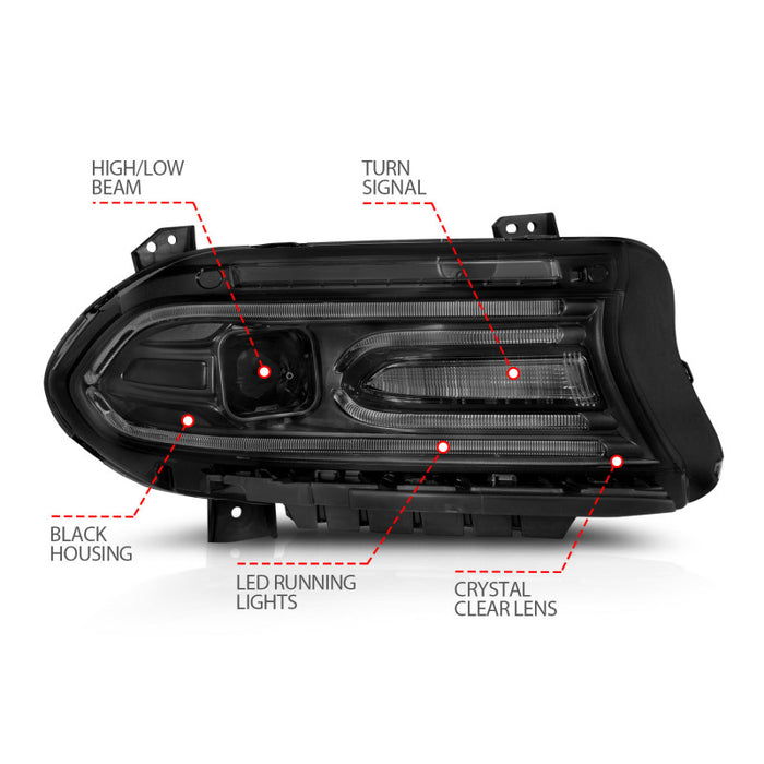 Phares de projecteur ANZO 2015-2023 Dodge Charger Style planche Noir