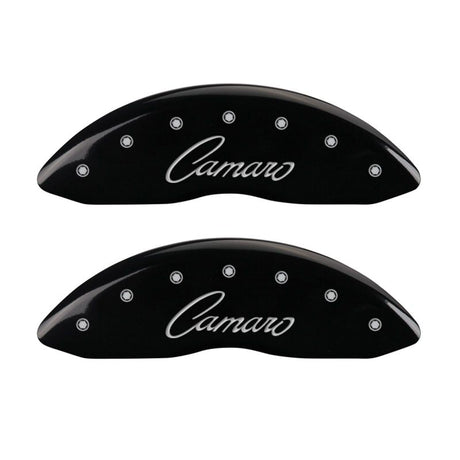 MGP 4 Caliper Covers Engraved Front & Rear Cursive/Camaro Black finish silver ch