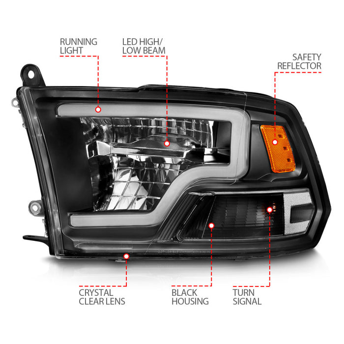 ANZO 2009-2020 Dodge Ram 1500 Phares de projecteur carrés entièrement à LED avec boîtier chromé Noir Ambre