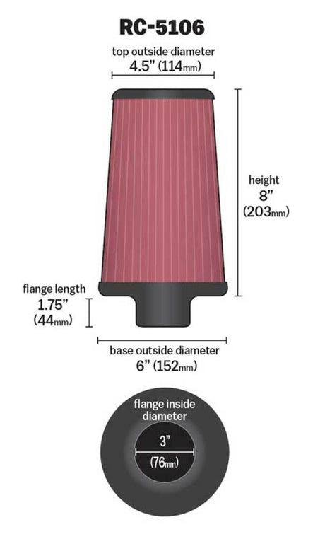 K&N Universal Chrome Round Tapered Air Filter 3in FlangeID / 6in Base OD / 4.5in Top OD / 8in Height