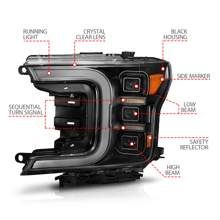 Barre lumineuse de projecteur à LED complète Anzo 18-20 Ford F-150, phares noirs et ambre