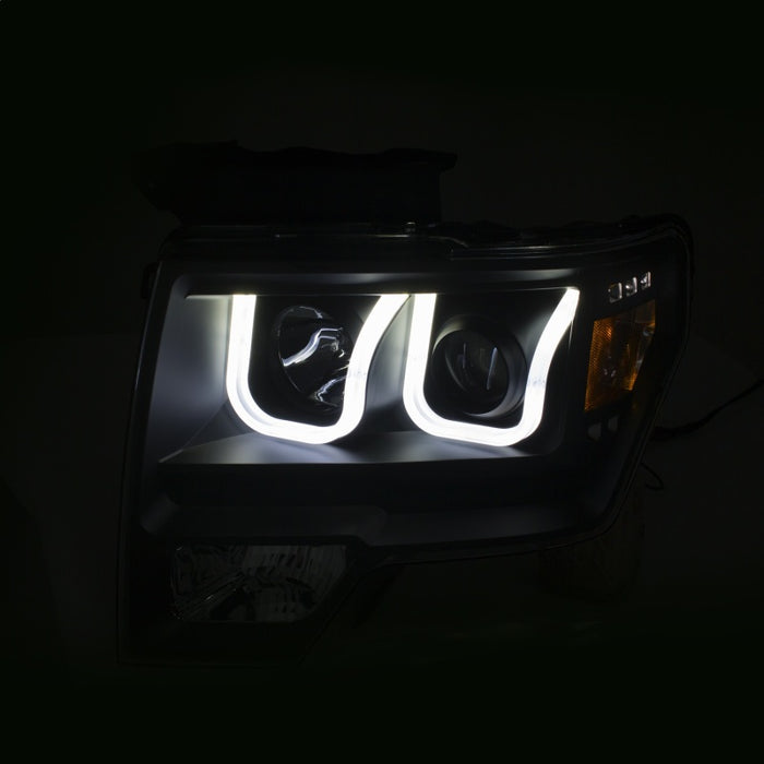 ANZO 2009-2014 Ford F-150 Projector Headlights w/ U-Bar Switchback Black w/ Amber