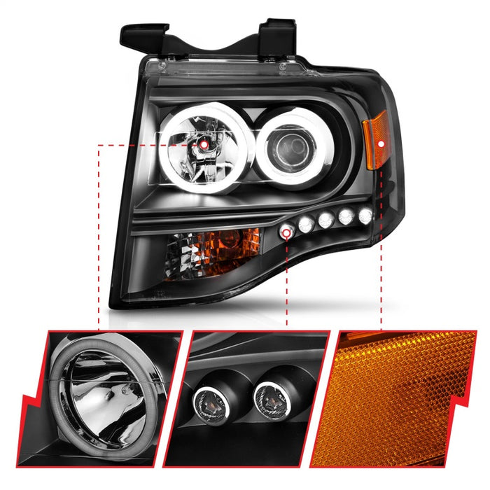 Phares de projecteur ANZO 2007-2014 Ford Expedition avec halo noir