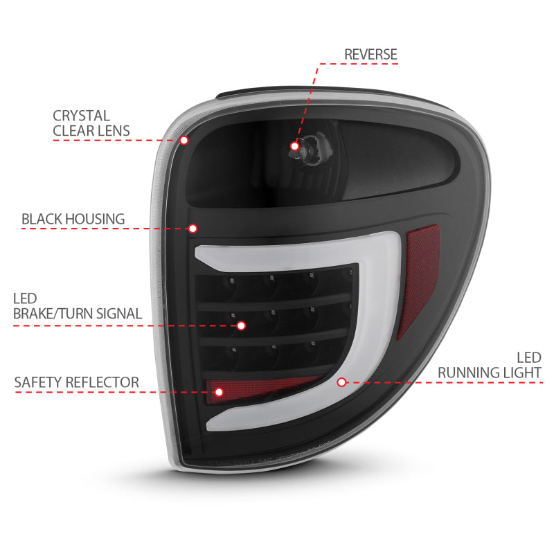 Feux arrière à LED ANZO 2004-2007 Dodge Grand Caravan avec barre lumineuse, boîtier noir, lentille transparente