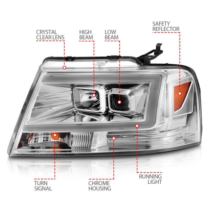 ANZO 2004-2008 Ford  F-150 Projector Headlights w/ Light Bar Chrome Housing