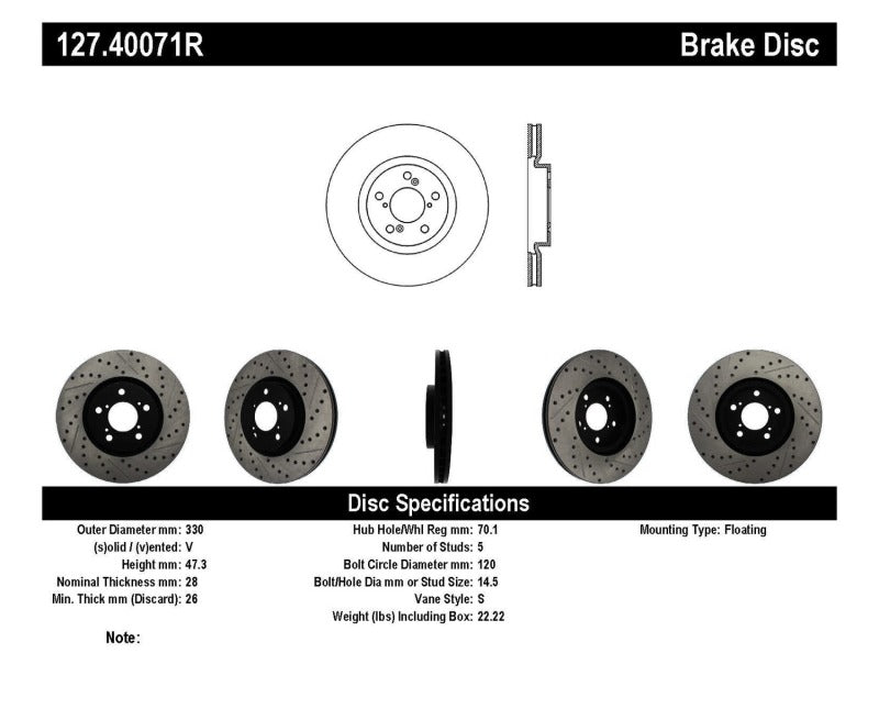 Rotor avant droit perforé et rainuré StopTech 07-08 Acura MDX SportStop